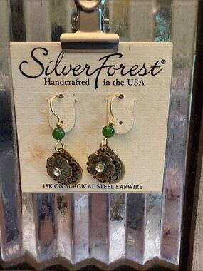 Silver Forest Gold-Tone Floral Drop Earrings with Green Beads